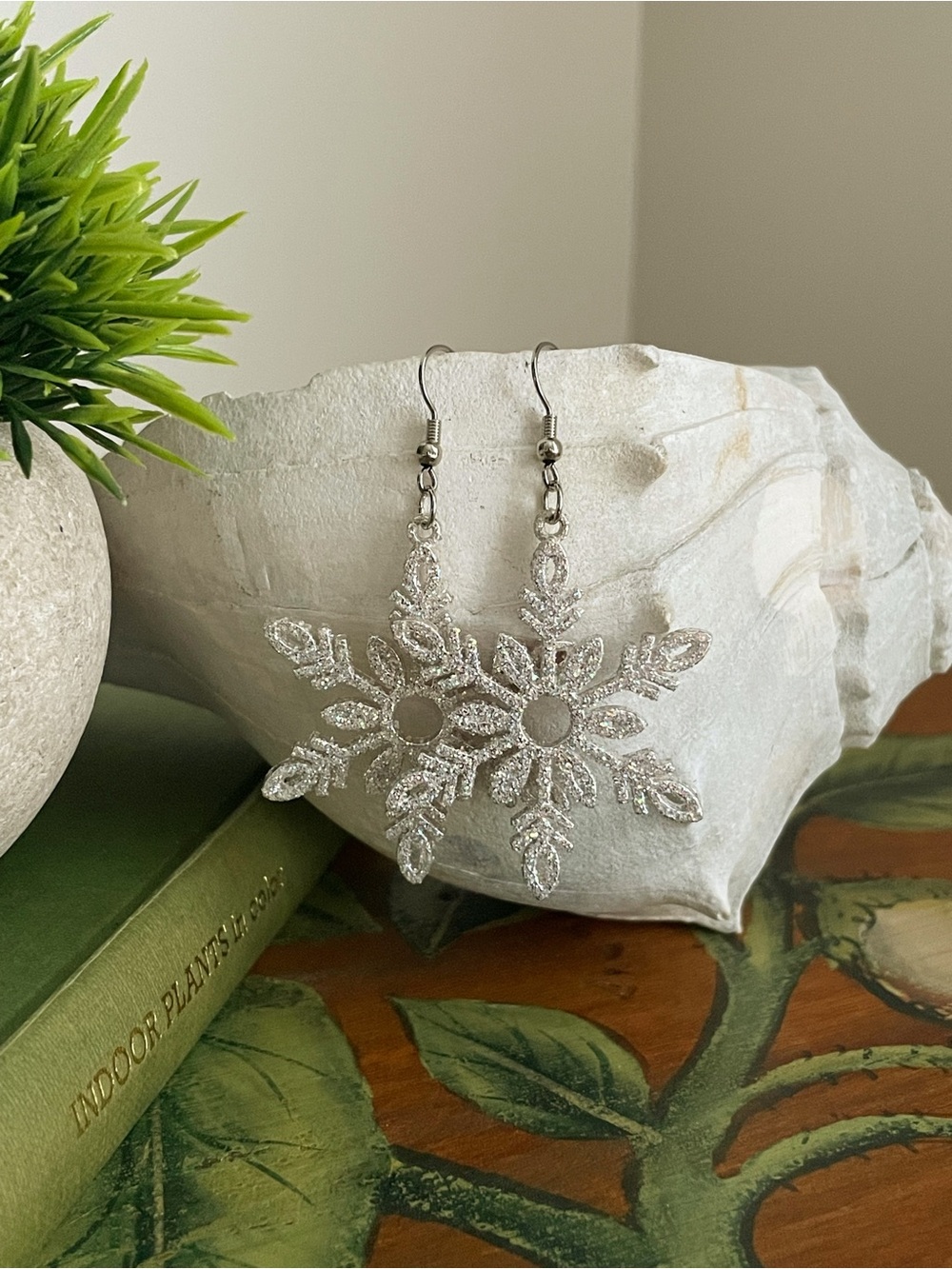 Silver Glittery Snowflake Drop Earrings - Holiday Costume Jewelry